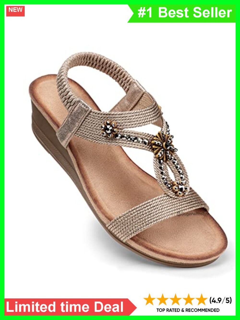 Womens Low Wedge Sandals Open Toe Rhinestone Floral Casual Summer Shoes